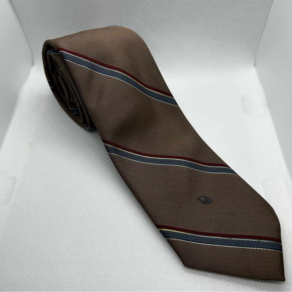 Vintage 80s Christian Dior Tie Brown Red Blue Striped Necktie Embroidered Silk